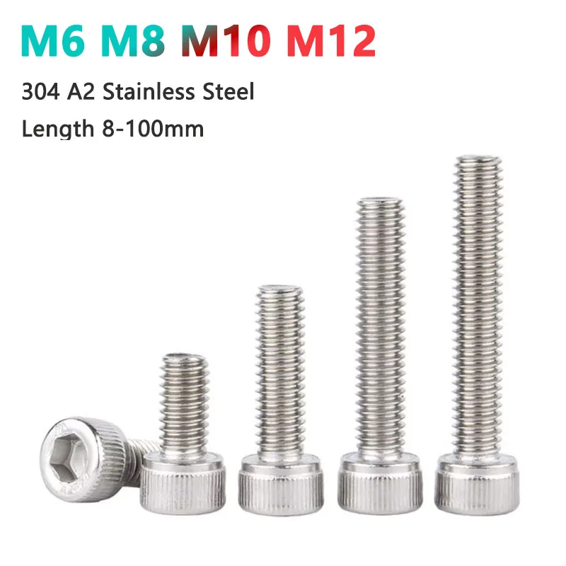 1-10pcs M6 M8 M10 M12 304 A2 Stainless Steel Hexagon Hex Socket Head Cap Allen Bolt Screw DIN912 Length 8 10 12 14 15 16-100mm