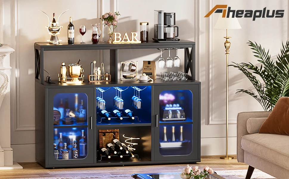 Aheaplus Black Bar Cabinet with Power Outlets LED Lights & Glass Holder - Storage Buffet Coffee Bar for Liquor Wine Racks for Home Kitchen image 7