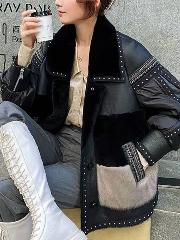 [EWQ] Korean Style Patchwork Lamb Wool Double Faced Fur Jacket Loose Casual Single Breasted Coat Women 2024 Spring Winter 6U6653