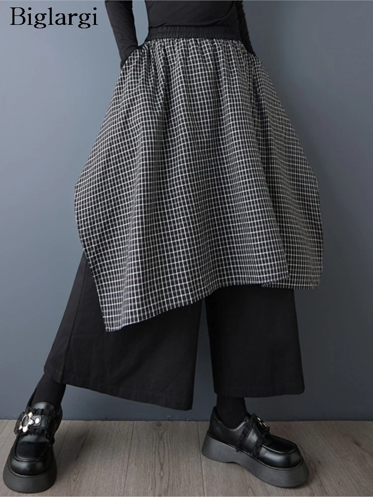 المتضخم بنطال ذو قصة أرجل واسعة النساء موضة منقوشة Pacthwork فستان بانت السيدات عالية الخصر السراويل القوطية امرأة وهمية قطعتين بنطلون #1