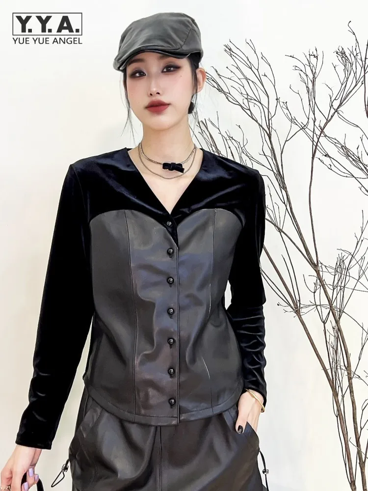 

Chic Women Autumn New Style Real Sheepskin Patchwork Shirts V-Neck Slim Fit Long Sleeve Single Breasted Office Lady Fashion Top