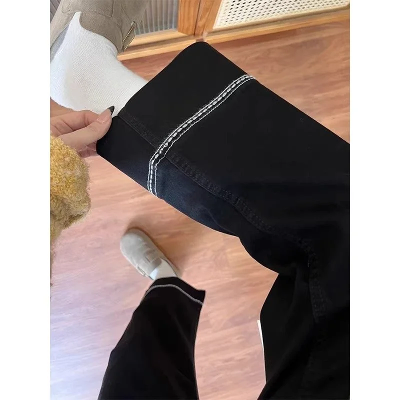 

Early Spring American Style Elastic Black Straight Leg Jeans Women's Patchwork Design High Waist Loose Slimming Skinny Pants