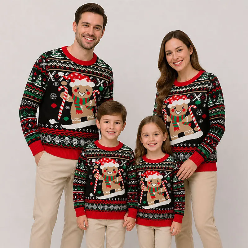 Family Matching Christmas Gingerbread Man Sweaters Green Knit Pullover Women's Long Sleeve Cozy Couple Holiday Party Outfit