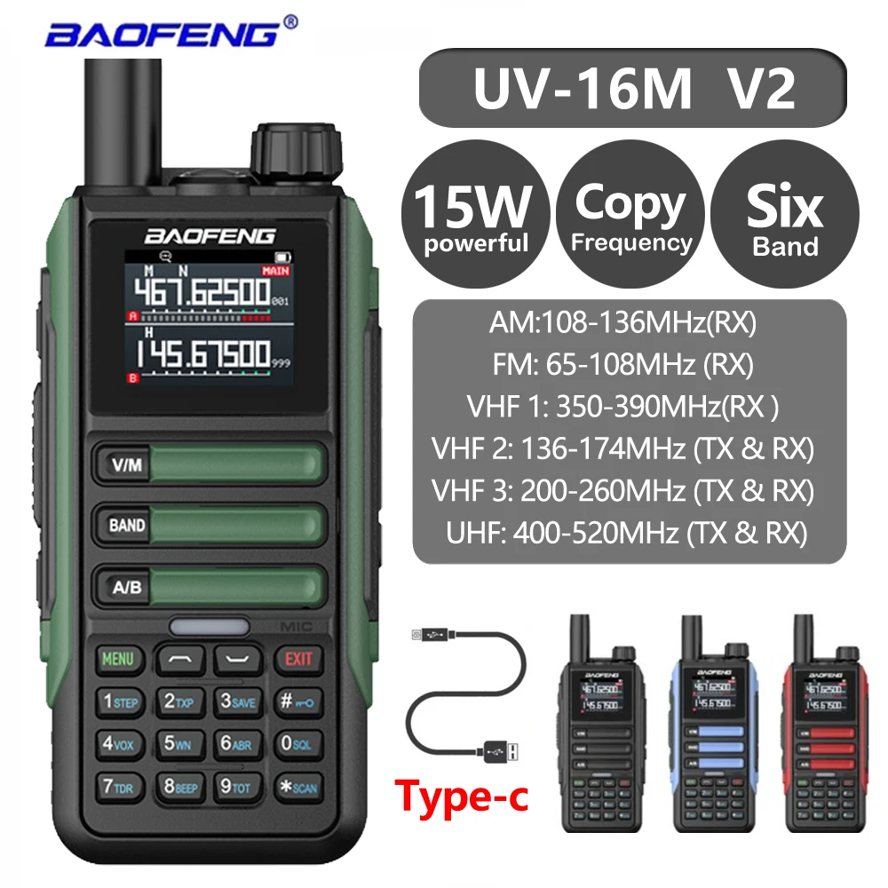 Baofeng UV16M V2 15W Walkie Talkie Long Range Communication Radio Six Band Wireless Copy Frequency Type-C High Power Ham 999CH