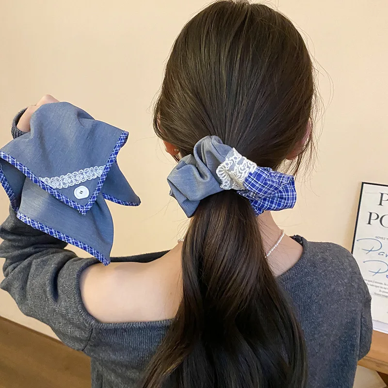 New Blue Gray Plaid Square Lace Scrunchie Button Pleated Acrylic Hair Claw Clips for Women Temperament Hairbands Ponytail Holder