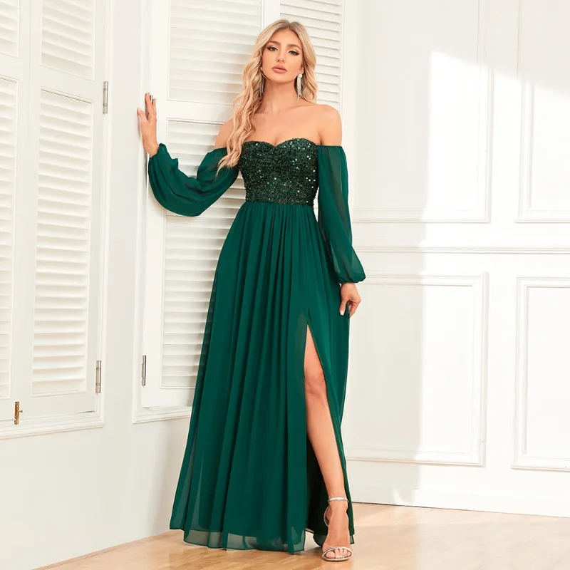 

Elegant and Versatile One-piece Shoulder High Slit Lace Up Dress with Full Lining, Sequined Patchwork Chiffon Long Sleeved Dress