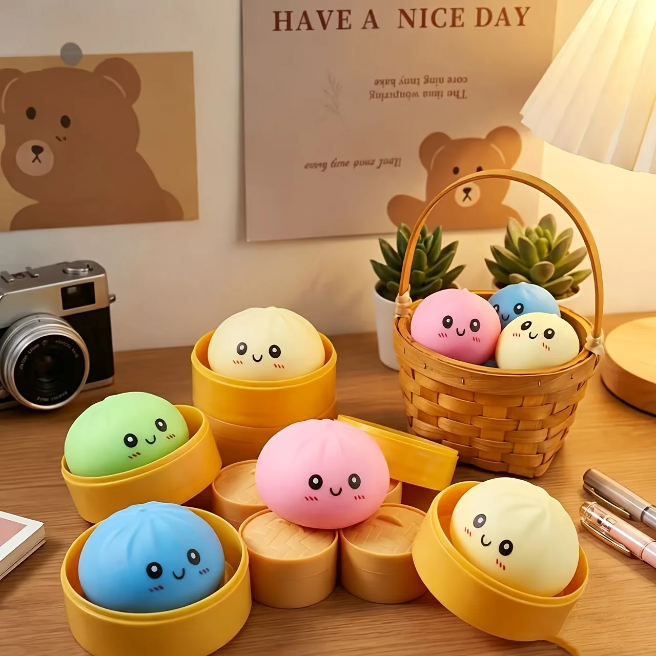 Round, colorful, and Squishy Steamed Bun Toy (Random Selection) – a Cute, soothing Item for Office Stress Relief.