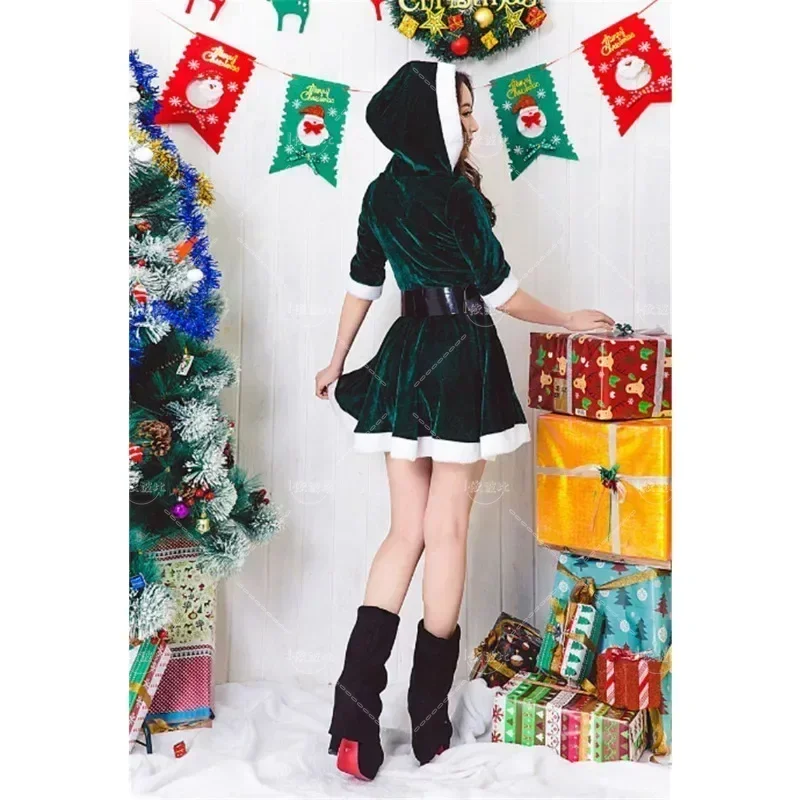 Vestido sexy de veludo para mulheres, Lady Slim Fit trajes com capuz, Xmas Party Fancy Dress, Meninas Papai Noel Cosplay Suit