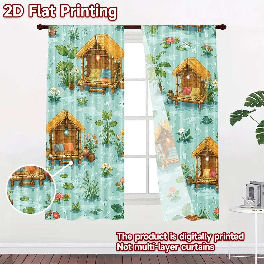 2D flat 2pcs Curtain Country Style Curtains Rainy Floating Bamboo Huts Digitally printed polyester, colorfast Party Decorations