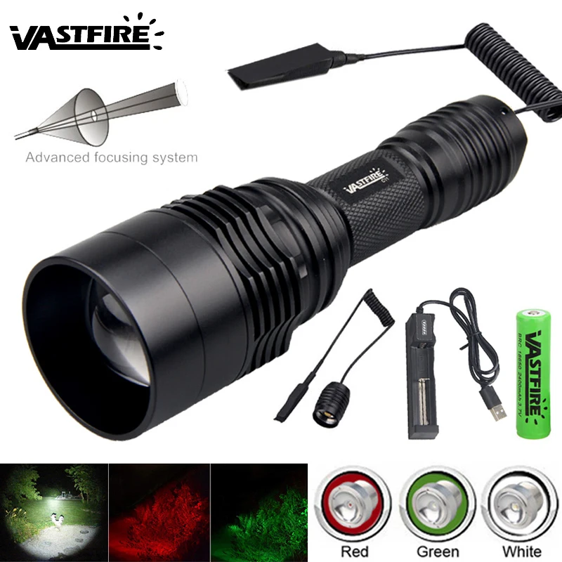 Tactical LED Hunting Lanterna, USB recarregável acampamento lanterna, Professional Camp lanterna, verde vermelho e Whtie, 1-Modo, 48 milímetros Lens, C11, 400 jardas