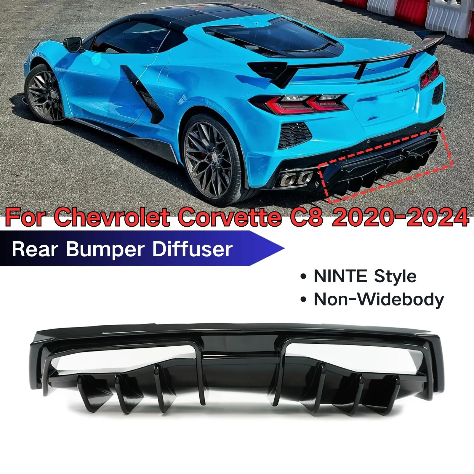 For Chevrolet Corvette C8 2020-2024 NINTE Style Rear Bumper Diffuser Non-Widebody Carbon Fiber Print Car Accessories Body Kit