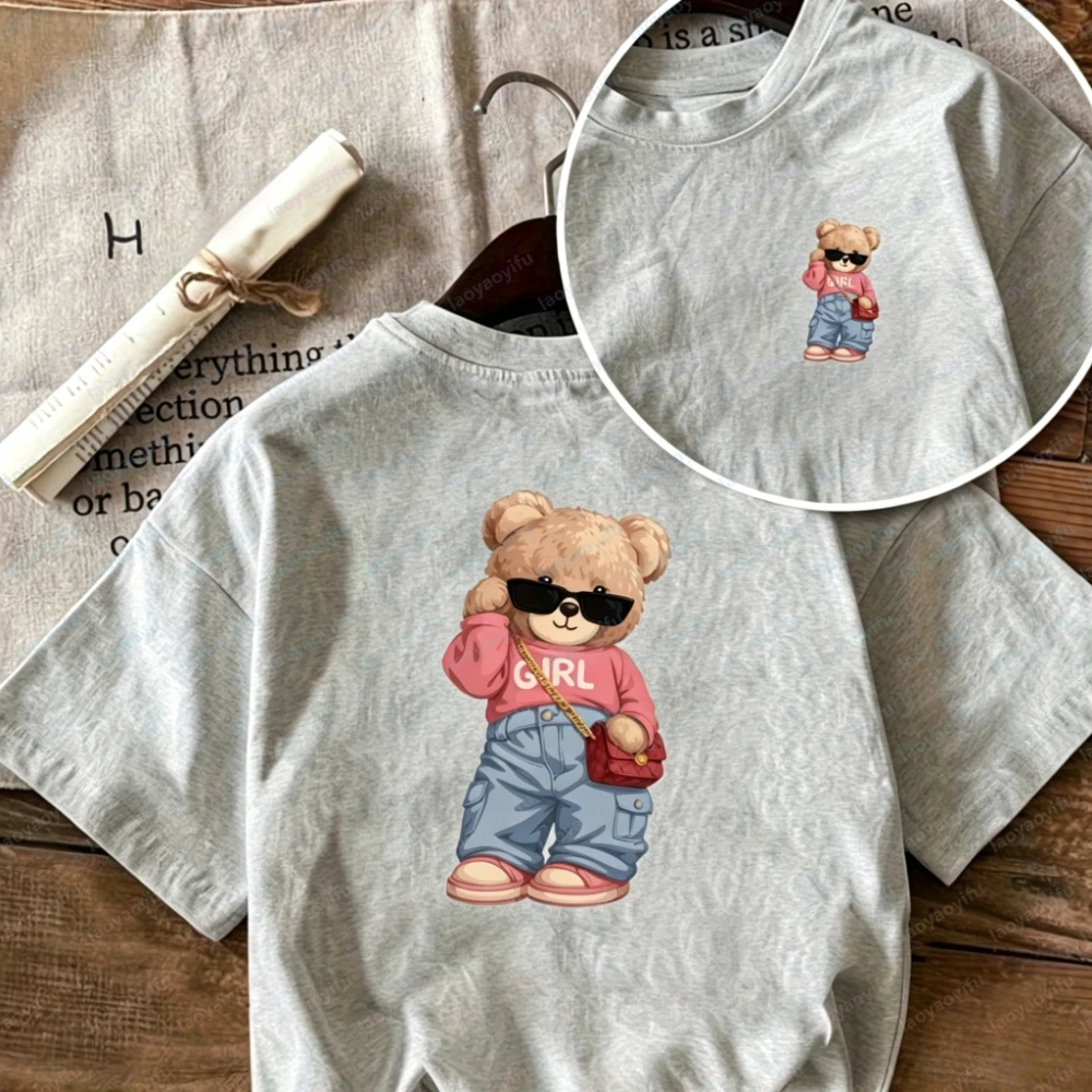 Front and Back Printed T-Shirt Featuring A Cute Bear and This Women Round-Neck Casual Short-Sleeve Making It A Fashionable Item