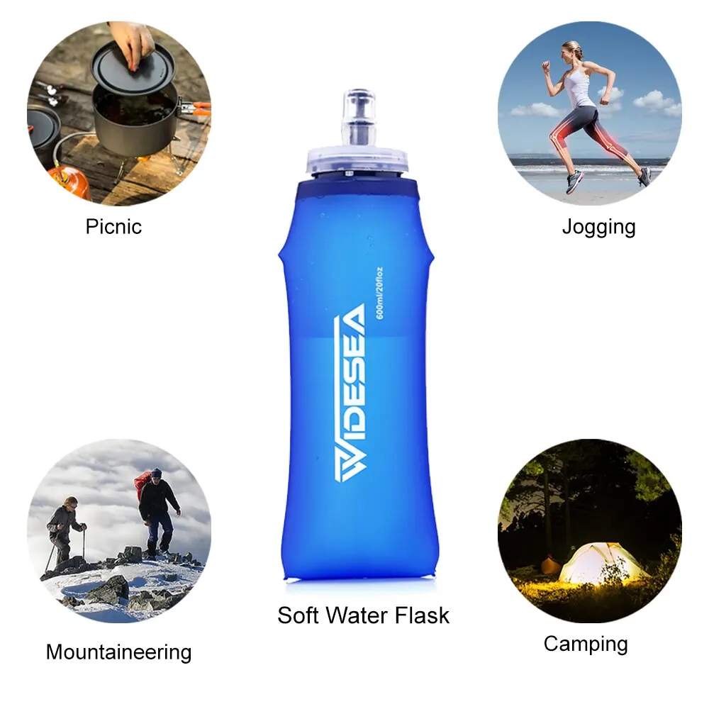 Widesea Camping 600ml Soft Water Bottle Drinking Sport Folding Bag Flask Outdoor Running Hydration Pack Waist Bicycle BPA Free