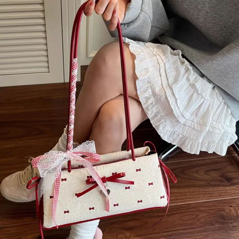 

Sweet French Stick Handbag Ribbon PU Leather Handle Y2K Underarm Bag Korean Style Solid Color Bow Lace Shoulder Bag Daily