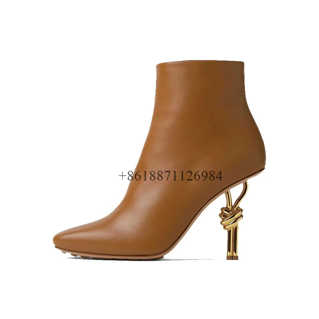 Pointed Toe Ankle Women Boots Metal Strange Style Electroplated High Heels Side Zipper Design Large Size Fashion Show Shoes