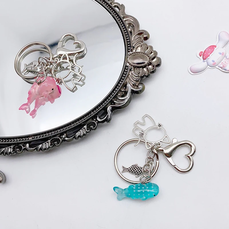 Y2K Cute Sea Theme Keychain Creative Hollow Cat Shark Keyring Bag Pendant Key Accessories Best Friend Gifts