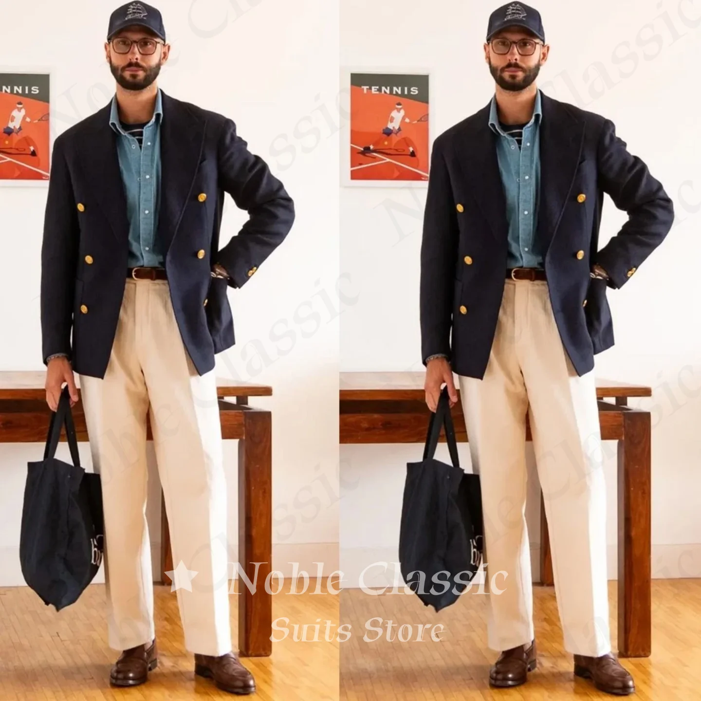 Mens Double Breasted Gold Button Italian Suit Two Pieces Peak Lapel Wool Blazer Matching Trousers Formal Business Customized
