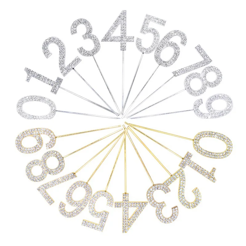 

Number 0-9 Set Shiny Gold/Silver Rhinestone Number Cake Topper Alloy Digitals Dessert Topper Decorative Wedding Birthday Supplie