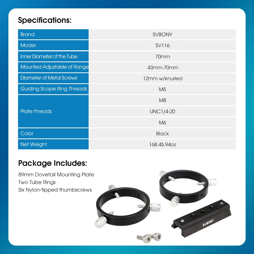 Svbony SV116 Führungsring-Set für Teleskoprohre oder Sucher, Durchmesser 43 mm bis 70 mm, für Astrofotografie – Detail 6