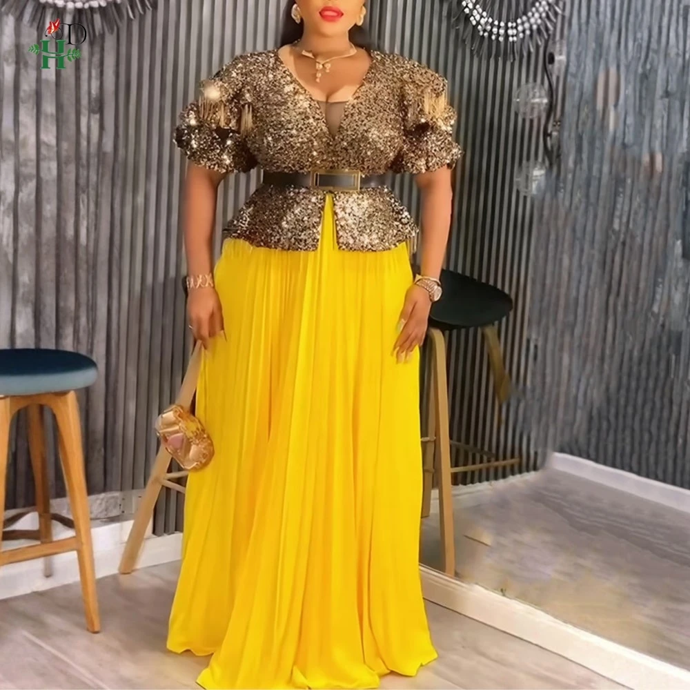 

Африканское женское вечернее платье с v-образным вырезом и блестками и бахромой, короткие расклешенные рукава, плиссированное платье макси для свадеб, фестивалей и вечеринок