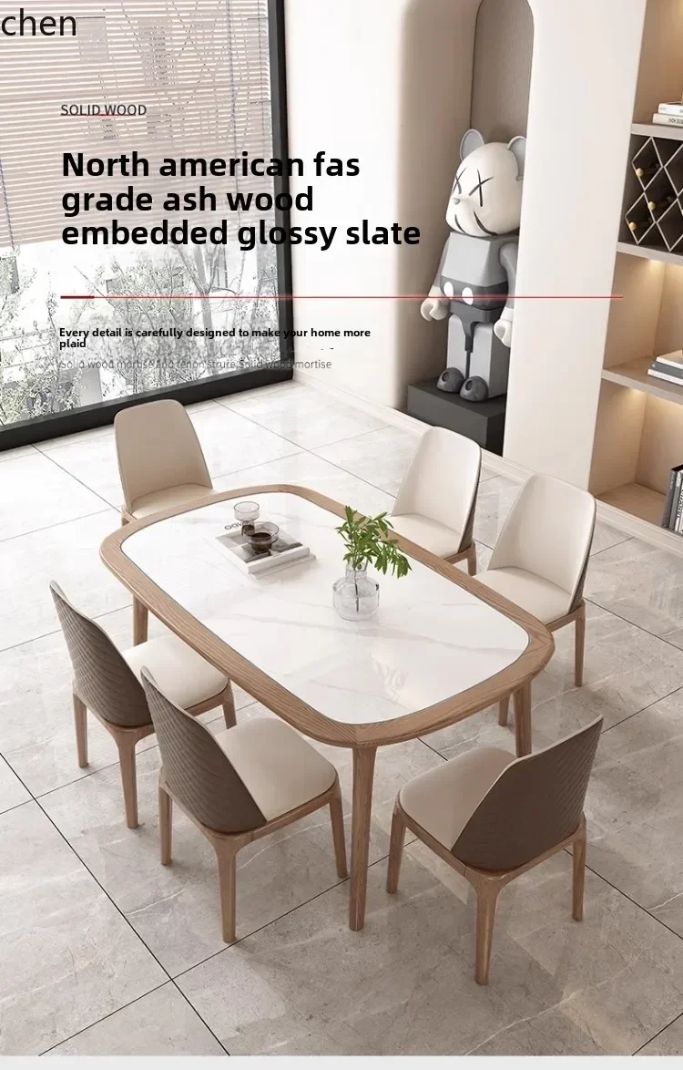 y8- solid wood dining table modern simple inlaid slate ash rectangular oval table and chair combination Nordic