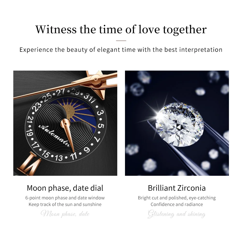 OLEVS Couple Watches Trend Fashion Original Quartz Automatic Mechanical Watch for Lover Waterproof Moon Phase Wristwatch Leather