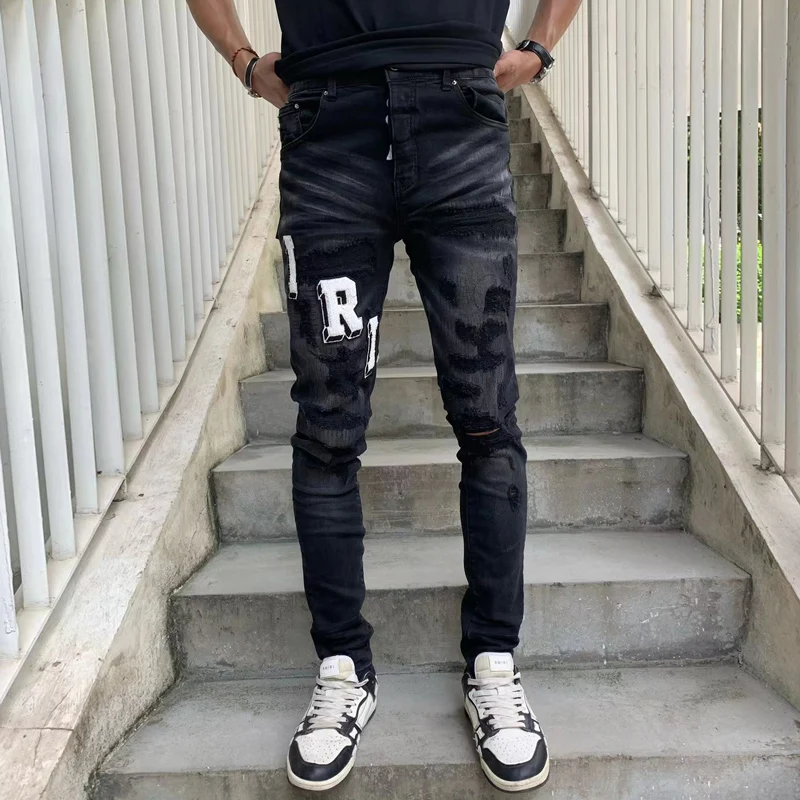 

High Street Fashion New Jeans Washed Nostalgic Embroidered Stretch Slimming Black Jeans Designer Hip Hop Brand Pants Hombre