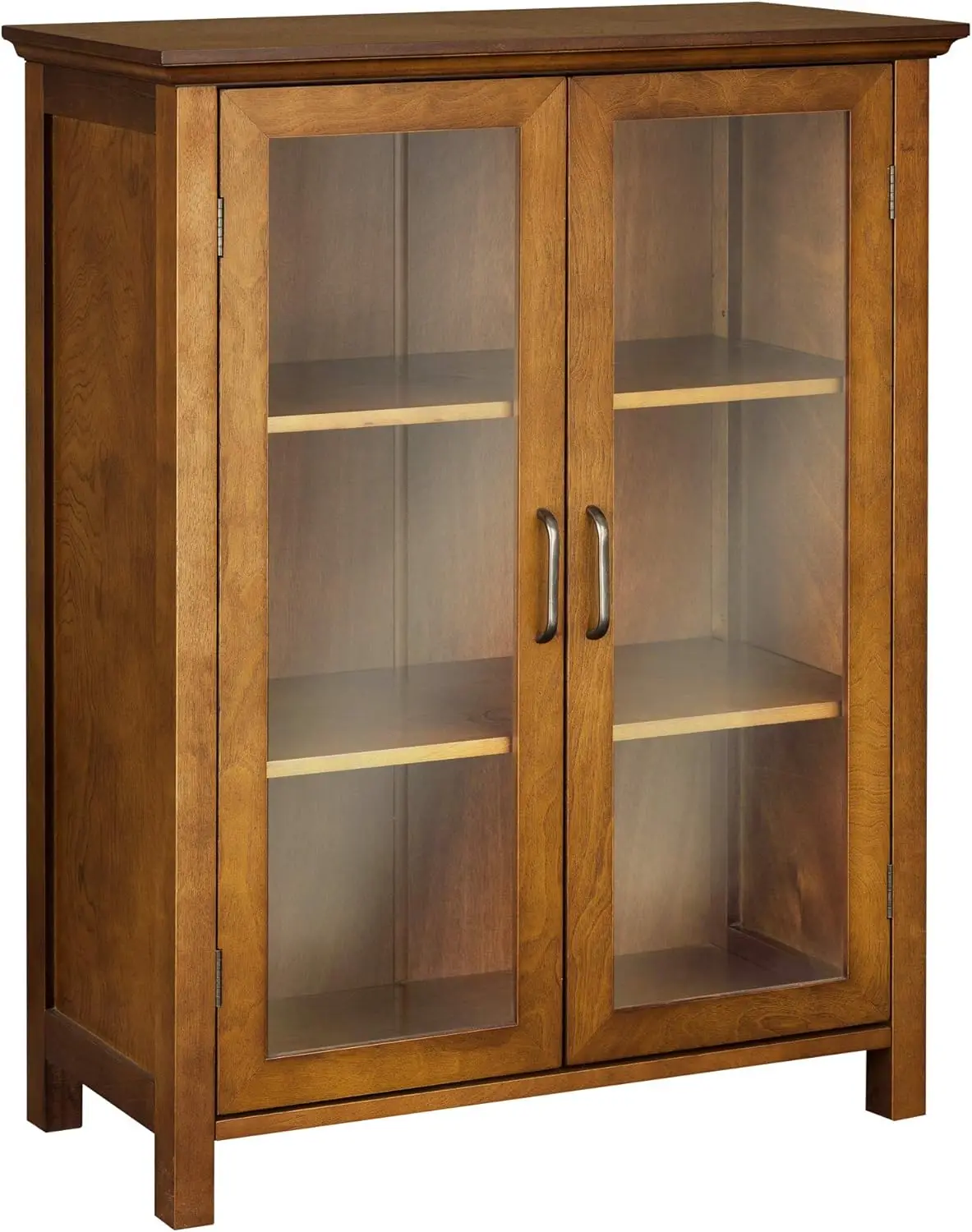 Wooden Freestanding Floor Cabinet with 2 Adjustable Shelves 3 Storage Spaces 2 Glass Paneled Doors and 2 Antique Brass Knobs