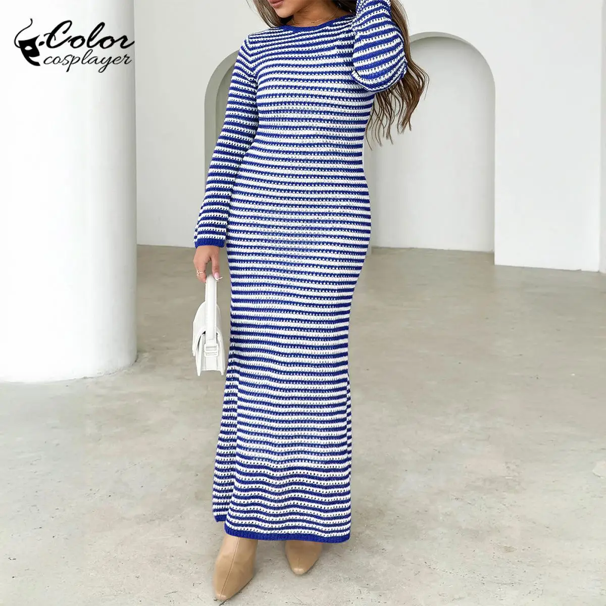 Phantasy Women Knitted Dress Long Sleeved Stripe Dress Autumn Winter Gown Women Slim Bodycon Crewneck Fashion Female Clothing