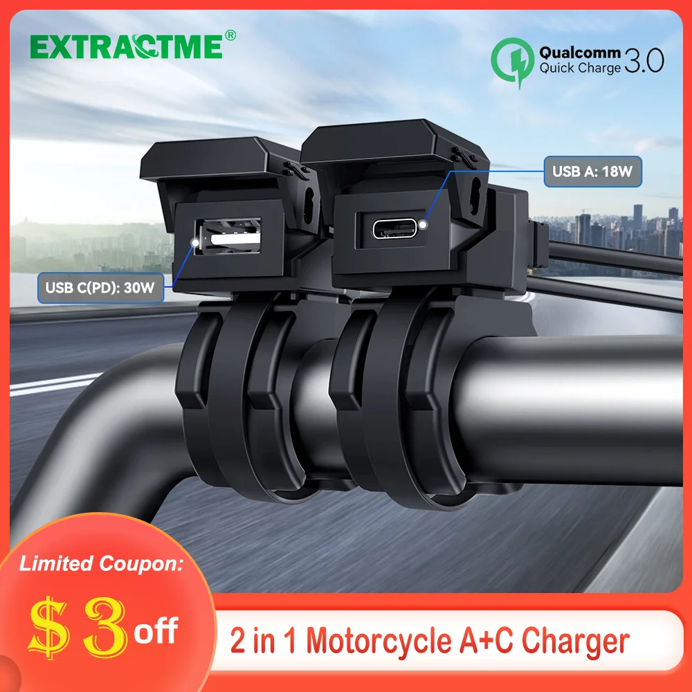 

Extractme Motorcycle Phone Charger QC3.0 2 in 1 USB Type C Port Socket Multifunctional Connector 12/24V On-Board Socket IP66