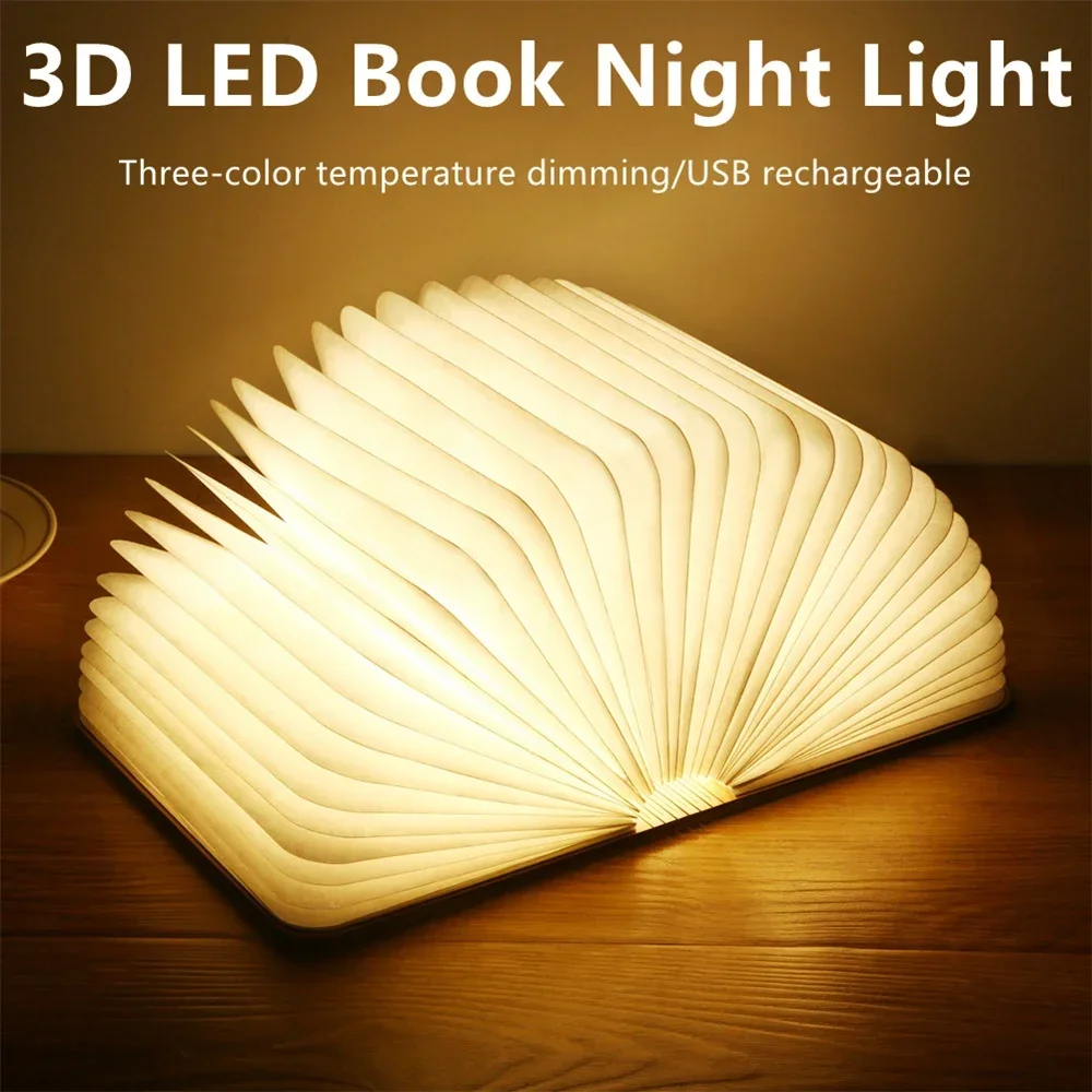 GMOX 3D LED Book Light USB Rechargeable Night Light 3 Colors Foldable Table Lamp Creative LED Magnetic Lamp Portable Desk Lighting