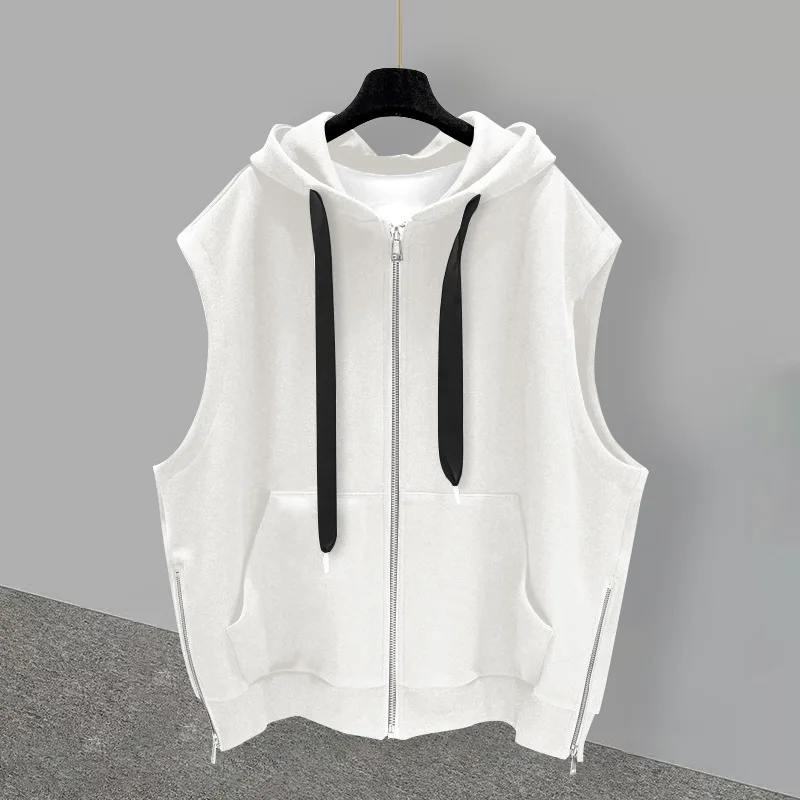 Men\'s Fashion Brand Hooded Zipper Vest Summer Outwear Trend Versatile Cool Solid Casual Sports Loose Oversized Top