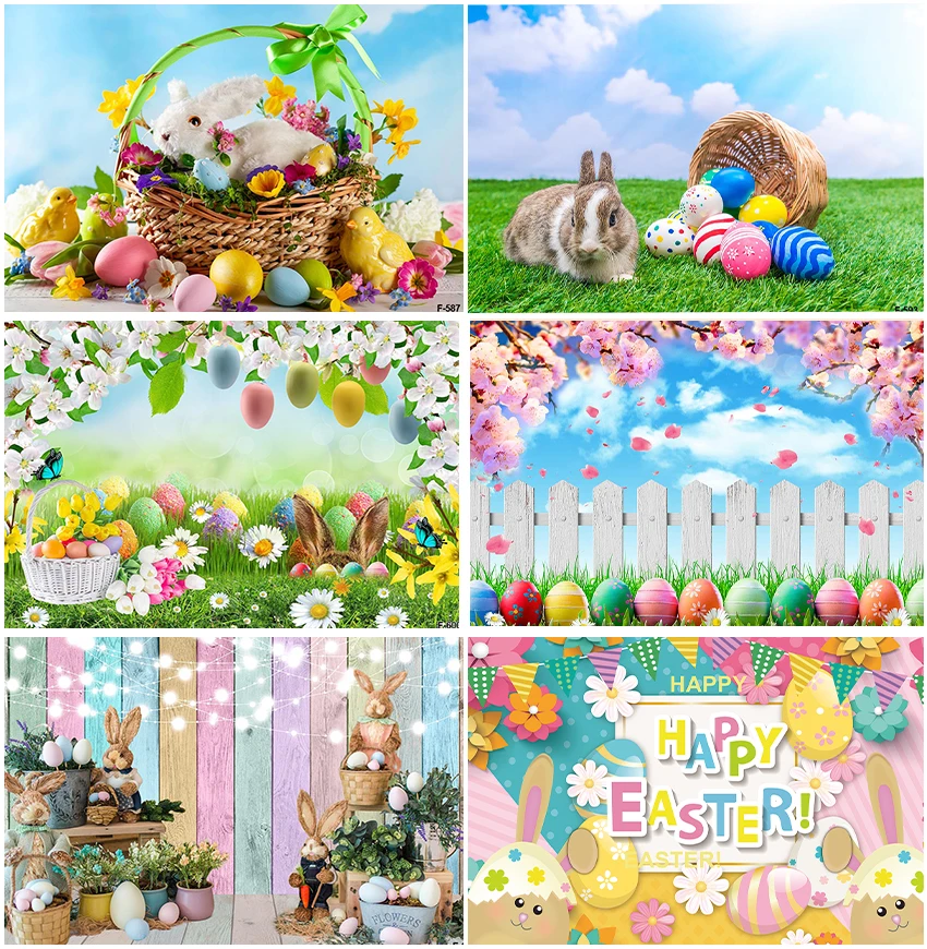 

Outdoor Camping Easter Theme Colorful Eggs Rabbit Lawn Backdrops Photographic Floral Spring Poster Supplies Banner Backgrounds