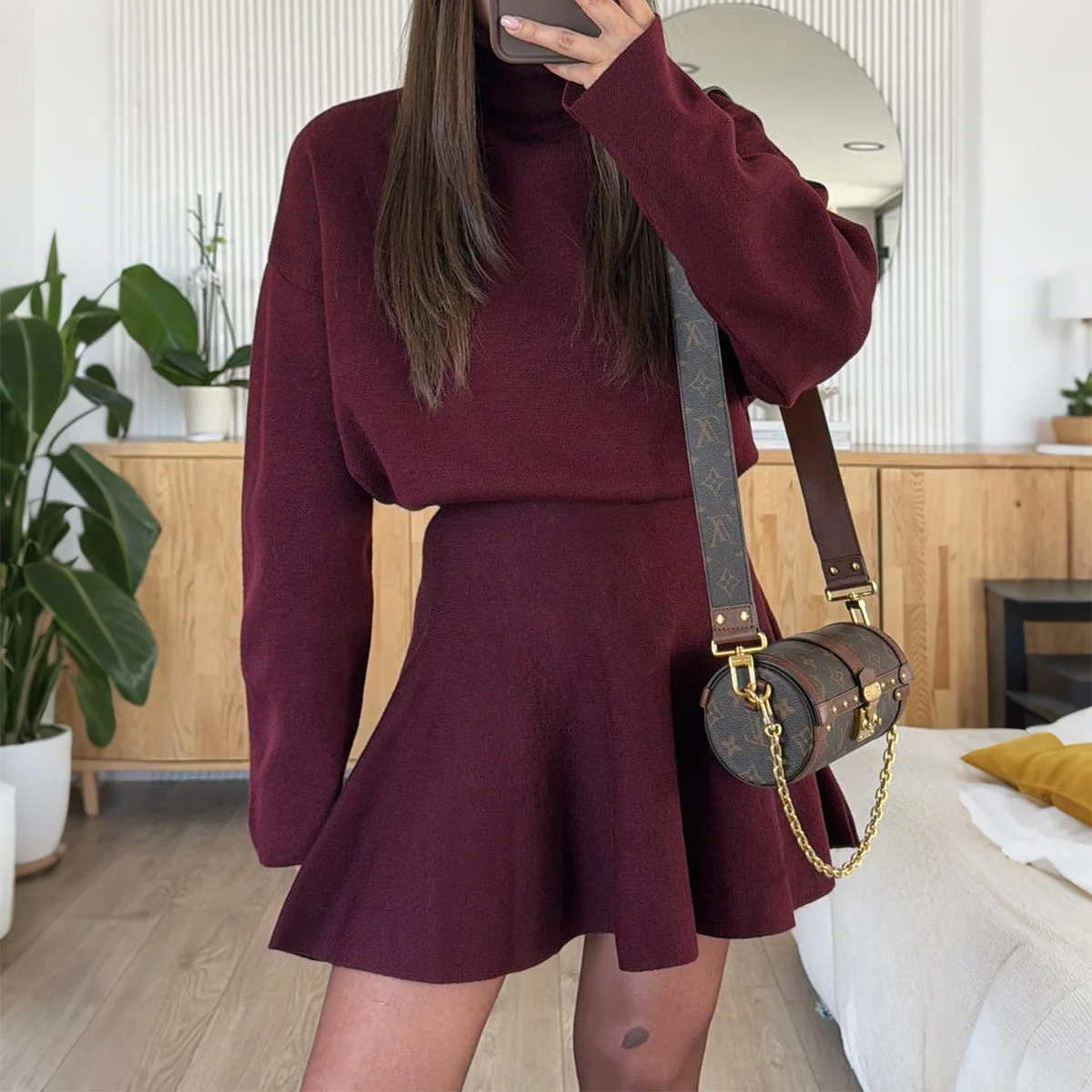 2025 New Style Half Turtleneck Long-sleeved Sweater + Shorts Suit Women Autumn Solid Color Top And Skirt Suit For Women