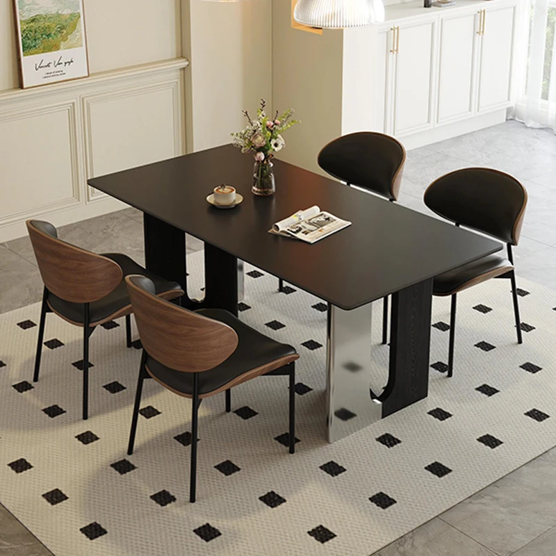 

Italian minimalist light luxury rectangular black rock slab dining table and chairs household small apartment