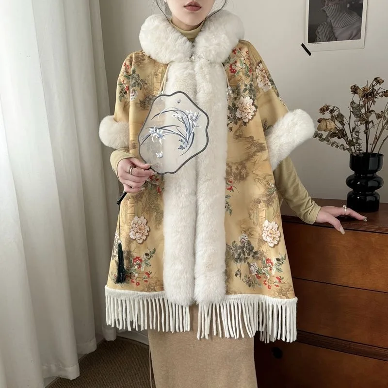 

Chinese Style Women Plush Cloak Fringe Shawl Imitation Rex Rabbit Fur Collar Velvet Thick Cheongsam Wedding Cape Coat Jacket