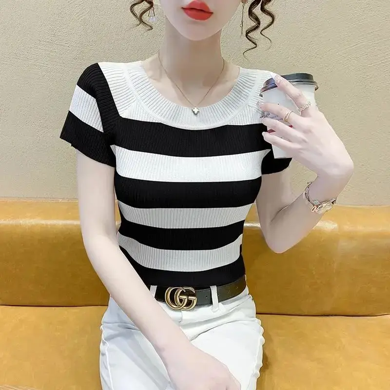 Fashion O-Neck Short Sleeve Knitted Striped T-Shirts Women\'s Clothing 2024 Summer New Slim All-match Tops Office Lady Tee Shirt