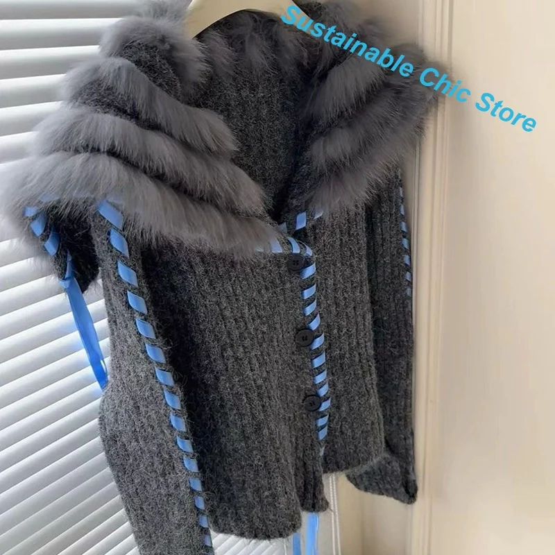 French navy collar short knit cardigan women's autumn and winter new high-grade sense to wear a loose padded sweater coat.