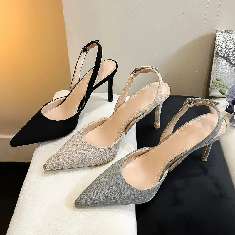 New Four Seasons Women\'s High Heels Stiletto Pointed Toe Closed Toe Sling Back Fashion Suede One-strap Sling Back Sandals