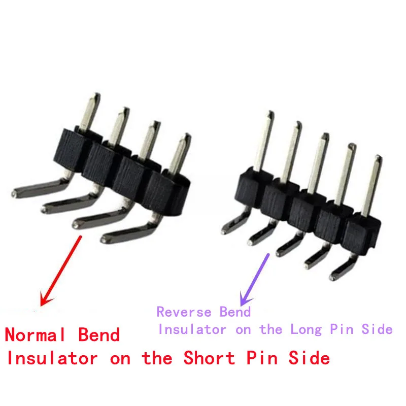 50PCS Single-row 90° Right-angle Pin Header 2.54mm Pitch 1×2P/3P/4P/5P/6P/8P/10P/40P, Normal Bend  Reverse Bend Iron Pins