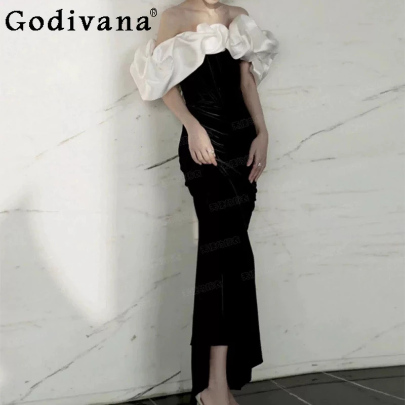 

3XL Temperament Black Birthday Sexy Slash Neck Korean Evening Dress Elegant Girl High Waist Slim Lace-up Velvet Fishtail Dresses