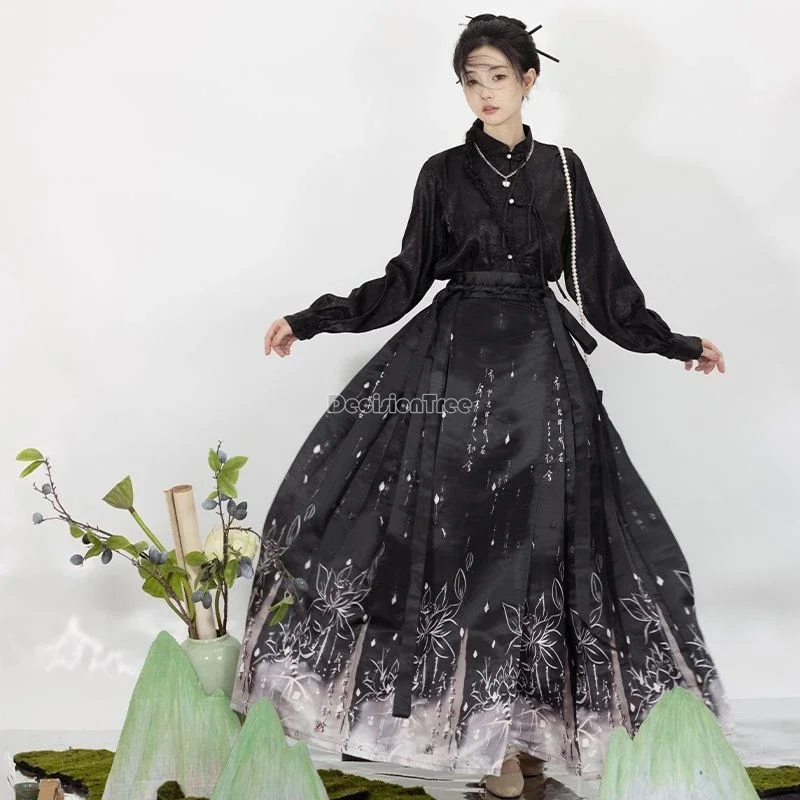 Hanfu-Conjunto de temperamento de danza folclórica antigua China, estampado de loto de hadas, falda de cara de caballo mejorada, hanfu de la dinastía ming diaria, 2024