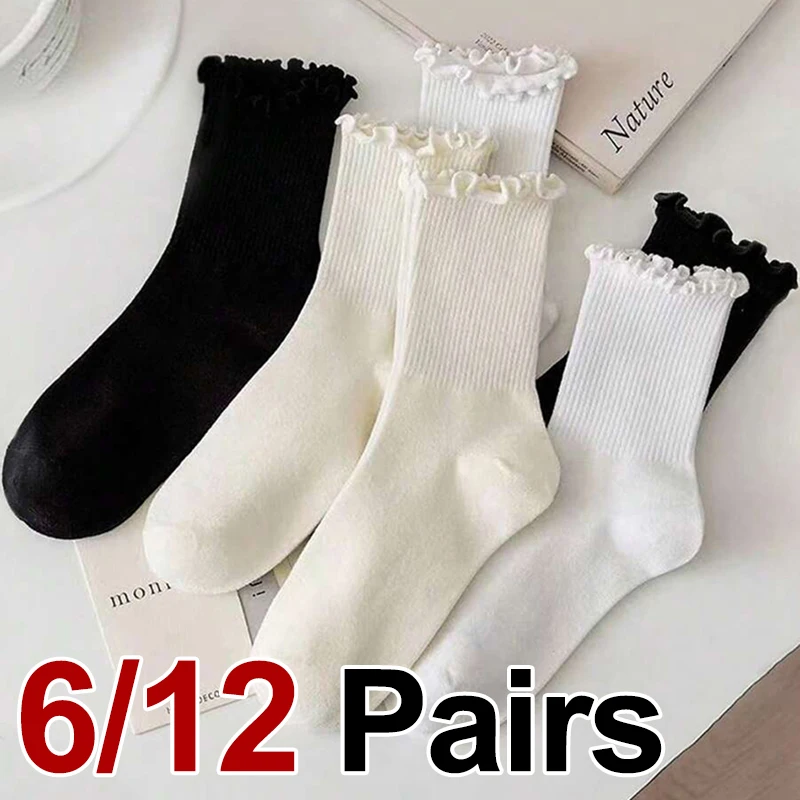 

6/12 Pairs Fashionable Spring Autumn Women Flower Edge Socks Suitable All Seasons Breathable Comfortable Paired Casual Socks