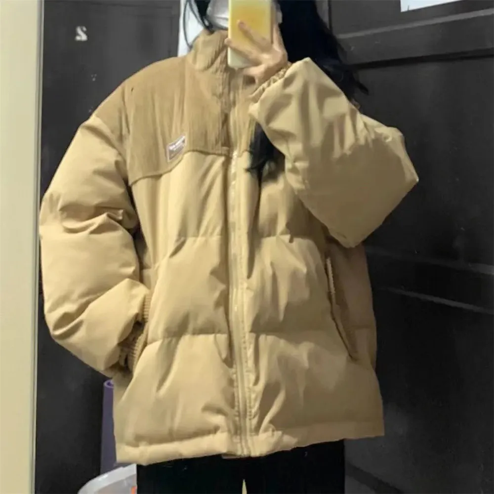 Khaki Retro Corduroy Stitched Cotton Jacket Women'S 2022 Winter Thicken Warm New Loose Parkas Harajuku Students Clothes Trend