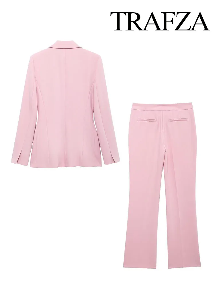 TRAFZA Women 2 Piece Set Pink Lapel Long Sleeve Pocket Single Button Design Slim Blazer Coat+Casual Loose Zipper Wide Leg Pants