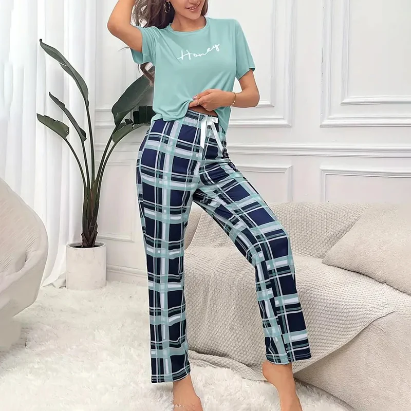 Women\'s Pajamas Set Casual Home Clothes Soft Comfortable Crew Neck T-Shirt & Plaid Pants Sleepwear Piece Loungewear Pyjama Femme