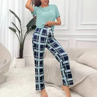 Women's Pajamas Set Casual Home Clothes Soft Comfortable Crew Neck T-Shirt & Plaid Pants Sleepwear Piece Loungewear Pyjama Femme - Image 3