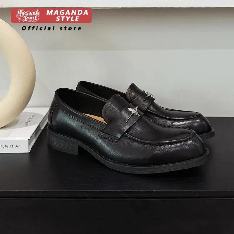 Horse leather new men's loafers niche washed genuine leather casual shoes slip in derby shoes for work and commuting