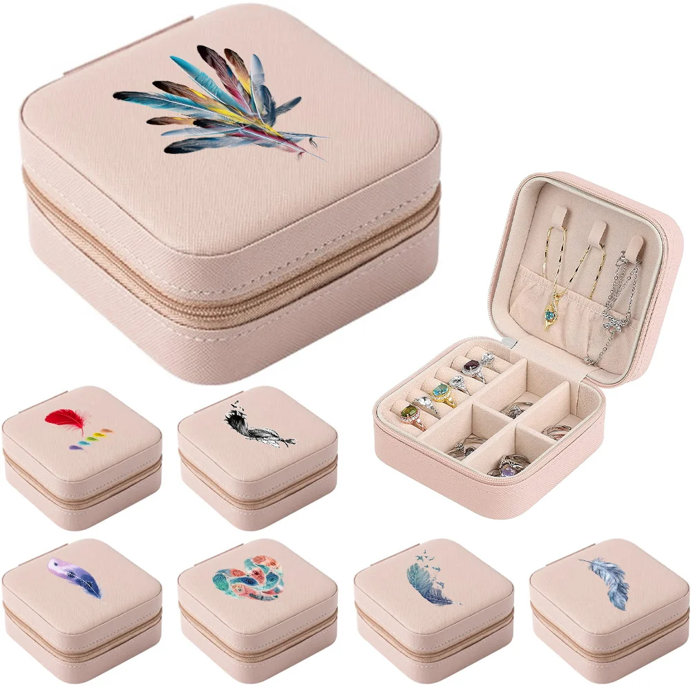 

Portable Travel Jewelry Case Personalized Gifts Leather Travel Jewelry Box Feather Print Storage Zipper Jewelers Jewelry Box