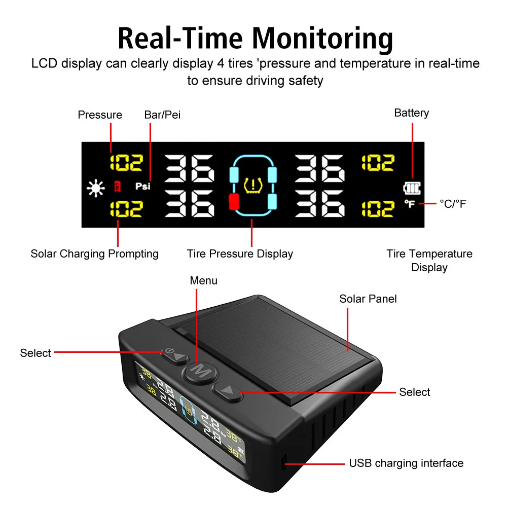 Sistema de Monitoramento de Pressão dos Pneus, Solar TPMS com 4 Sensores Externos, Aviso de Temperatura